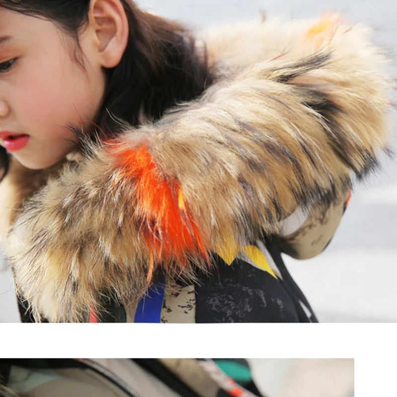 Верхняя одежда и пальто с хлопковой подкладкой для девочек до-30 градусов г., зимняя детская теплая одежда модная разноцветная куртка с меховым воротником для детей от 3 до 16 лет