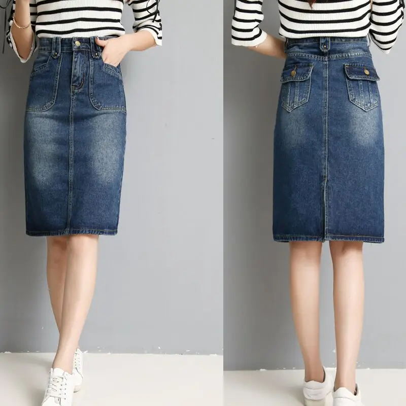 

summer women clothing denim fabric washed skirts split skirts knee length high waist women skirts cowboy solid color