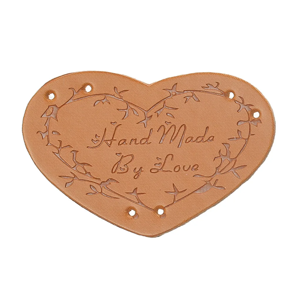 

PU Leather Garment Labels Tags Heart Light Brown Branch Message "Hand Made By Love" Pattern 45mm x 30mm, 20 PCs