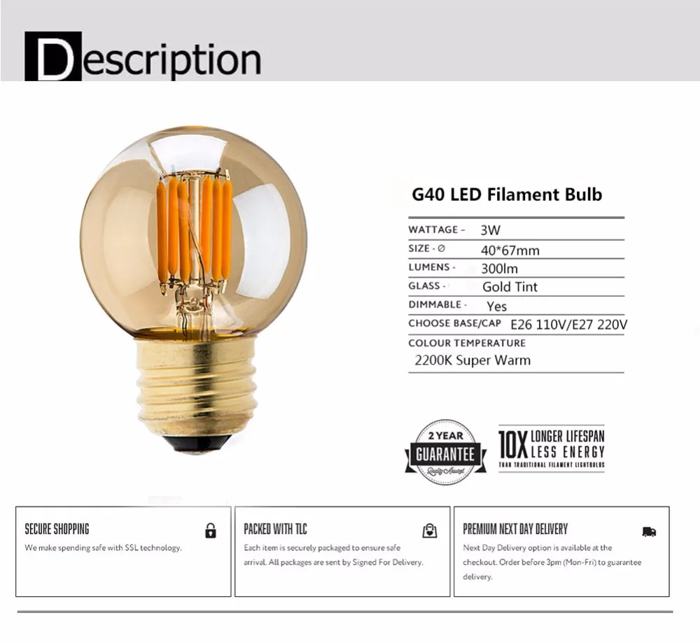 Grensk Edison G40 светодиодный светильник с регулируемой яркостью, 3 Вт, светодиодный мини-светильник с нитью накаливания, сменный светильник для наружного освещения s 2200K E27 220V