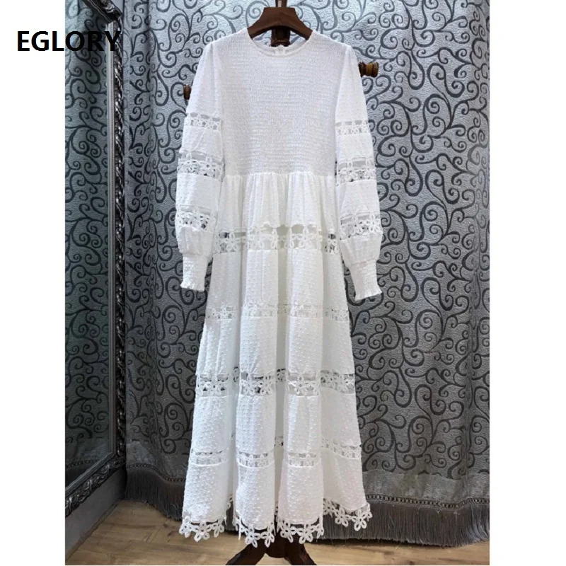 

White Long Dress 2019 Spring Summer Evening Maxi Dress Women O-Neck Hollow Out Embroidery Long Sleeve Dress Elegant Vestidos