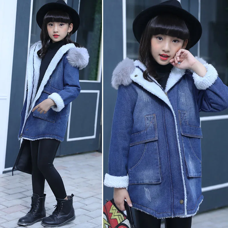 

Winter Children's Denim Jackets For Girls Warm Thick Fur Hooded Girls Jacket Autumn Teenage Clothing For Girls 6 -12 Years