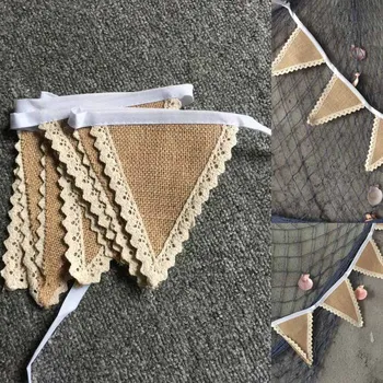 

Lace Bunting Pennant Photography Props Wedding Triangular Jute Flags DIY Home Decor Vintage Jute Rope Hessian