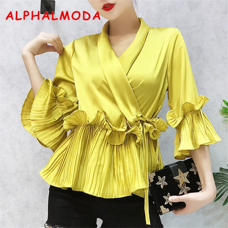 

ALPHALMODA 2018 New Women Vintage Blouses Shirt Flare-sleeved Pleated Hem V-collar Fashion Satin Shirts 4colors
