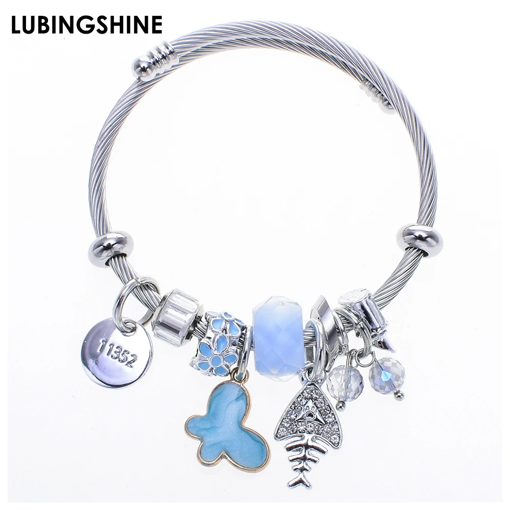 

Exquisite Butterfly Charms Stainless Steel Bracelets Bangles Crystal Ball Animal Pendant Adjustable Bracelet Jewelry for Women