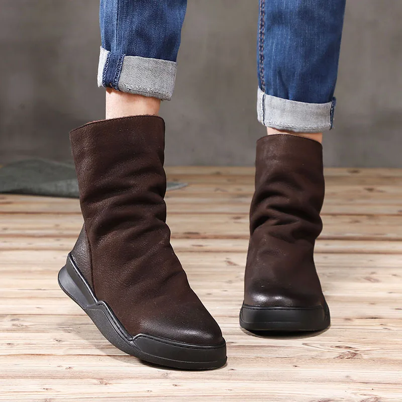 

2018 Female Shoes Boots Genuine Leather Women Ankle Boots Round Toes Pleated Flat Platform Ladies Warm Boots