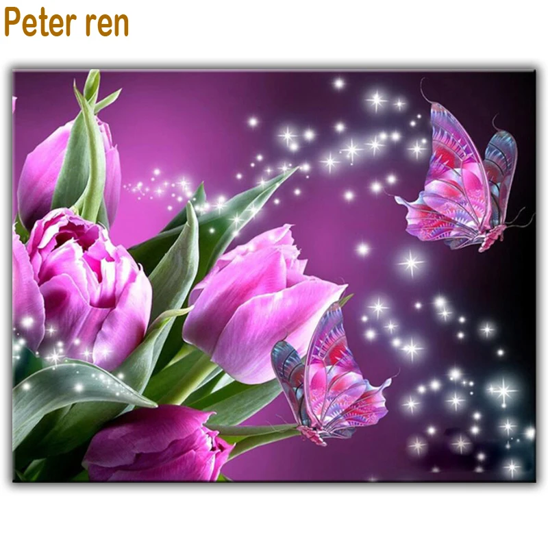 

Diy Diamond painting cross stitch Arts and Crafts flower 5d Full round\square mosaic diamond embroidery "Purple butterfly tulip"