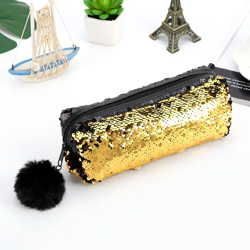 

Gold Reversible Sequin Pencil Cases For Girls Novelty Hairball Pencil Bag Stationery Storage Pouch Office School Supply escolar