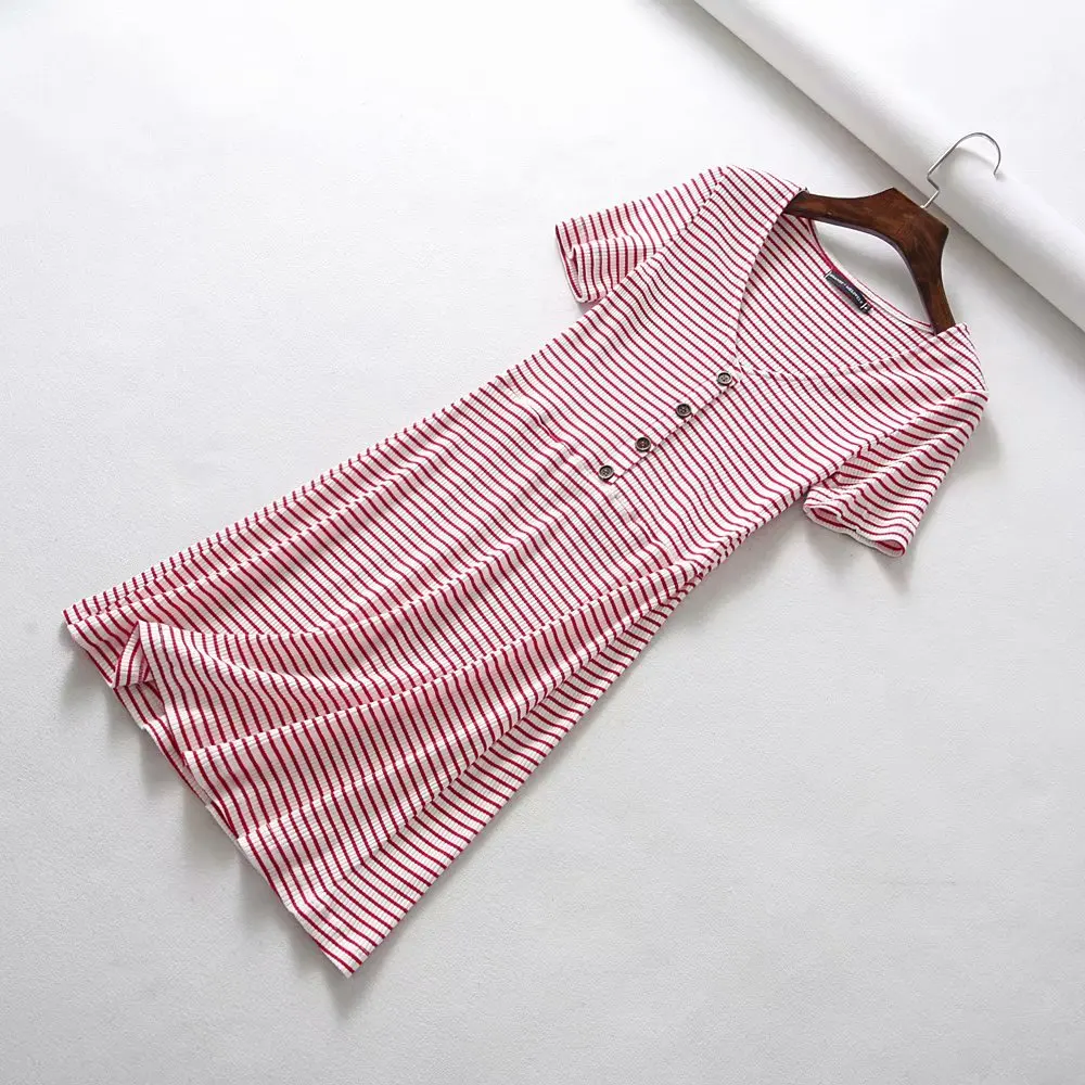 Beach Summer Dress Women Knitted Button V neck Rib Black Red Mini Dress Elegant Kawaii Casual Korean Vestidos - Цвет: Pink Striped