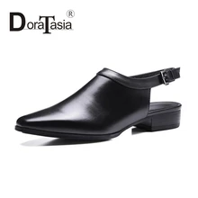 DoraTasia new fashion full grain leather buckle up Women Pumps sexy Square toe low Heels cow leather dating Party Shoes