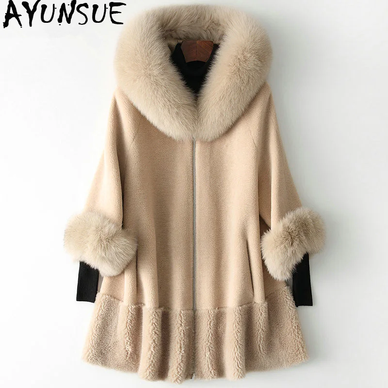 

AYUNSUE Real Fur Coat Female Sheep Shearling Fur Korean Jackets 2019 Winter Jacket Women Fox Fur Collar Long Wool Coats MY3535