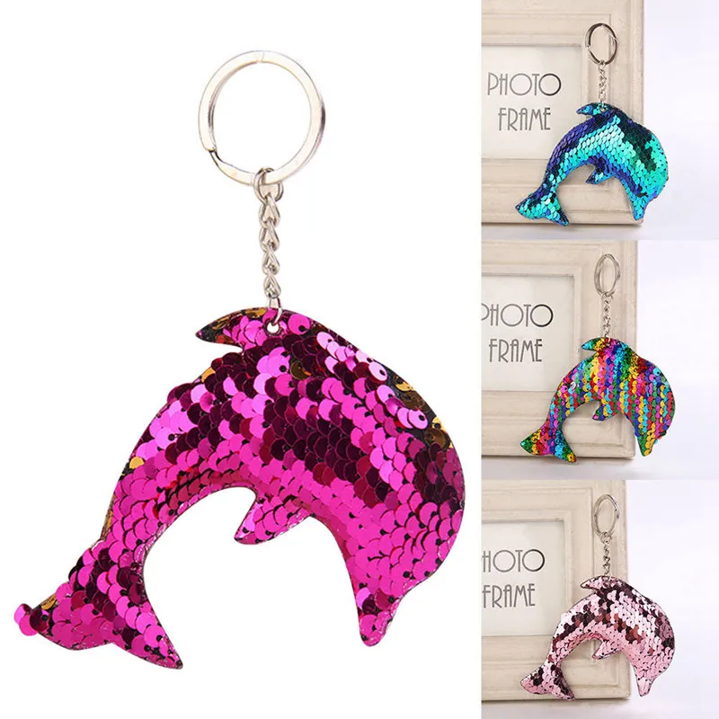 

Creative Lovely Dolphin Keychain Glitter Pompom Sequins Key Chain Gifts for Women Llaveros Mujer Car Bag Accessories Key Ring