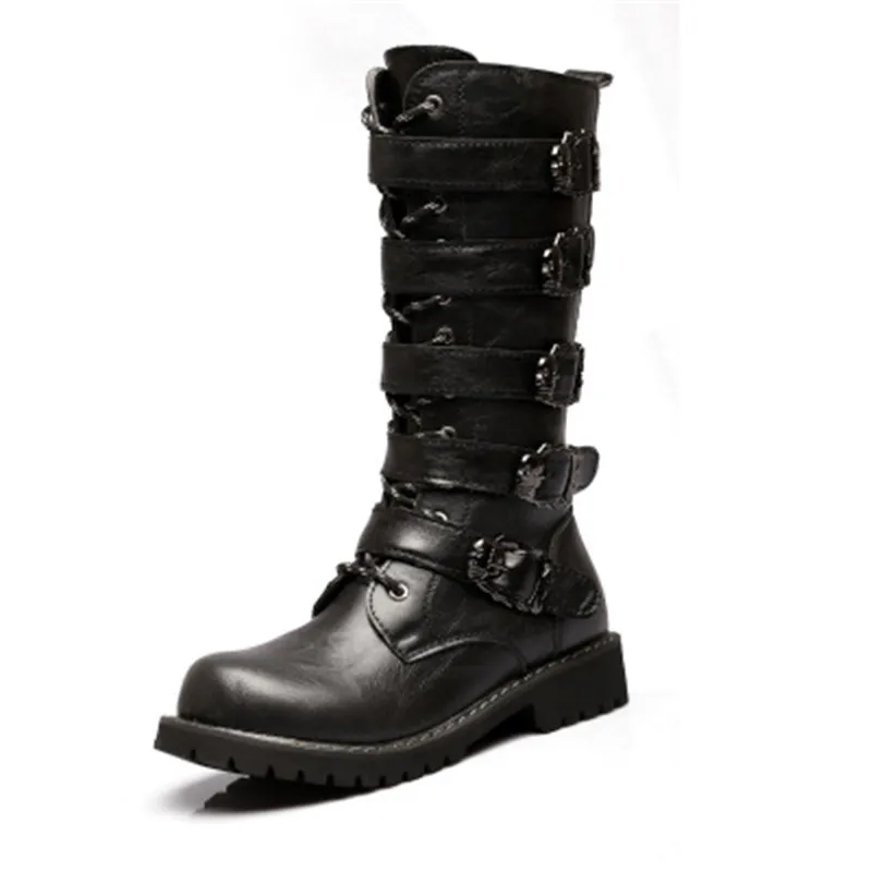 Мужские мотоциклетные ботинки на весну-осень г. Модная обувь до середины икры в стиле панк-рок, Панк мужские черные повседневные ботинки из искусственной кожи с высоким берцем, 37-46 - Цвет: Черный