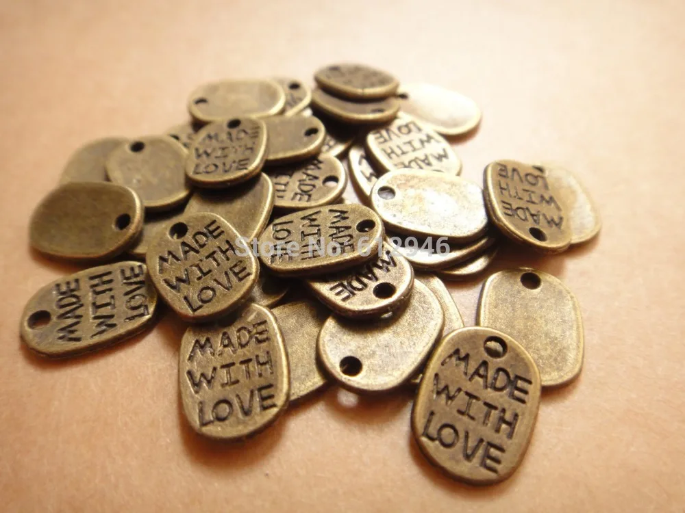 

100 pcs Antique Bronze Metal Alloy "Made With Love" Word Bracelet Charm and Pendant Jewelry Findings 11x8mm A133