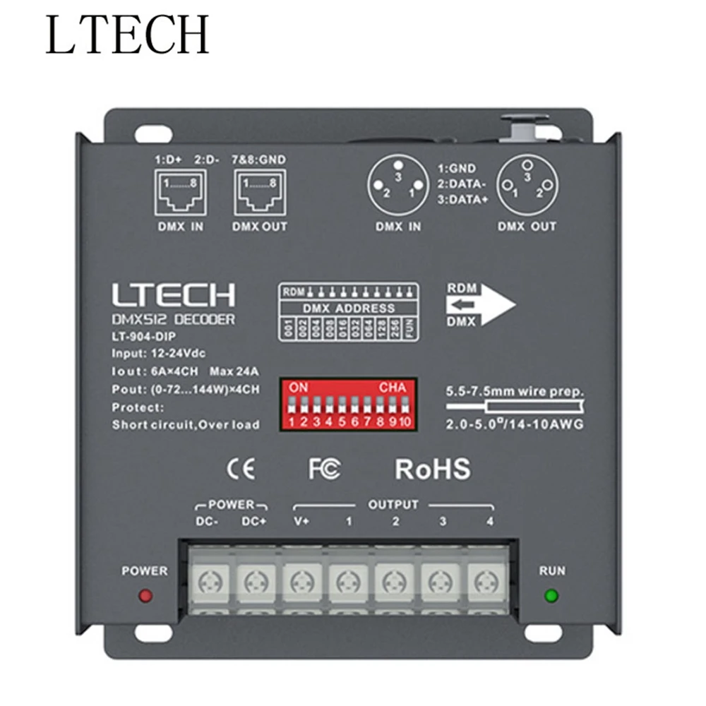 

New LTECH 4 Channel LED DMX decoder LT-904-DIP 4CH CV DMX Decoder Input 6A*4CH Max. 24A 576W Output XLR-3/RJ45 DC12V - 24V