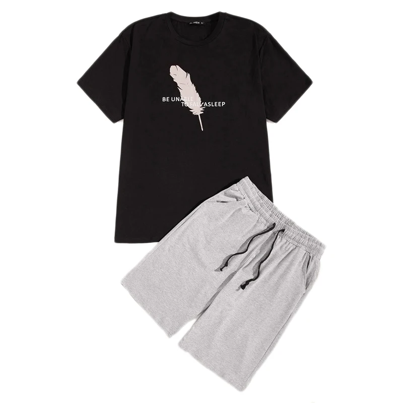 ROMWE мужские футболки с принтом перьев с серыми с косыми карманами PJ набор Мужская черная футболка и шорты с завязками на талии комплект для