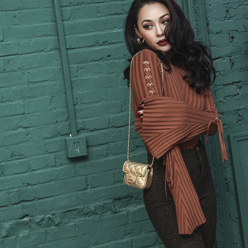 

2018 Spring Stylish Flare Sleeve Knitedwear Women Threaded Cotton Strong Stretch Thicken Fabric Adjustable Bandage Type One Size