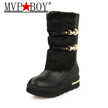 

MVP BOY Size 43 Warm Fur Snow Boots Waterproof PU Mid Calf Boots Women Crystal Design Wedges Heels Winter Female Platform Shoes
