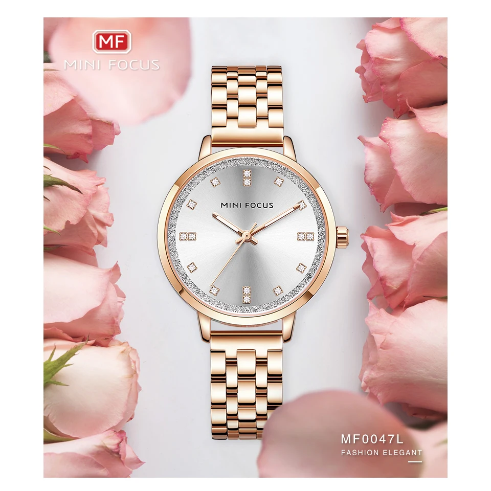 Ceny MINI ostrości królewski złoty kobiety zegarki kwarcowe zegar Iced Out Top marka luksusowe pełna stali nierdzewnej pasek wodoodporny sukienka panie zegarek