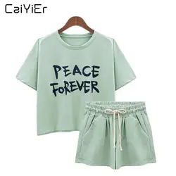Caiyier Летние пижамы комплект Для женщин английский короткий рукав шею зеленый футболка и шорты Pijama Ночной костюм пижамы Повседневное Homewea