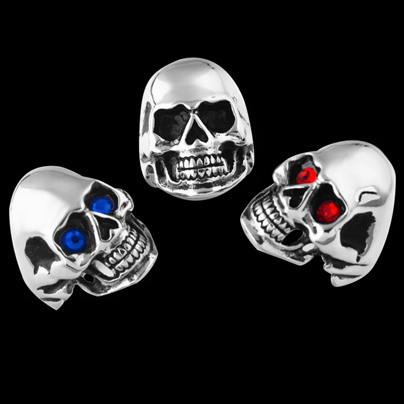 Men's Solid Skull Ring Gothic Punk Biker Rider Red/Blue Eyes Ring Vintage Stainless Steel Skeleton Finger Band Rings Men Jewelry