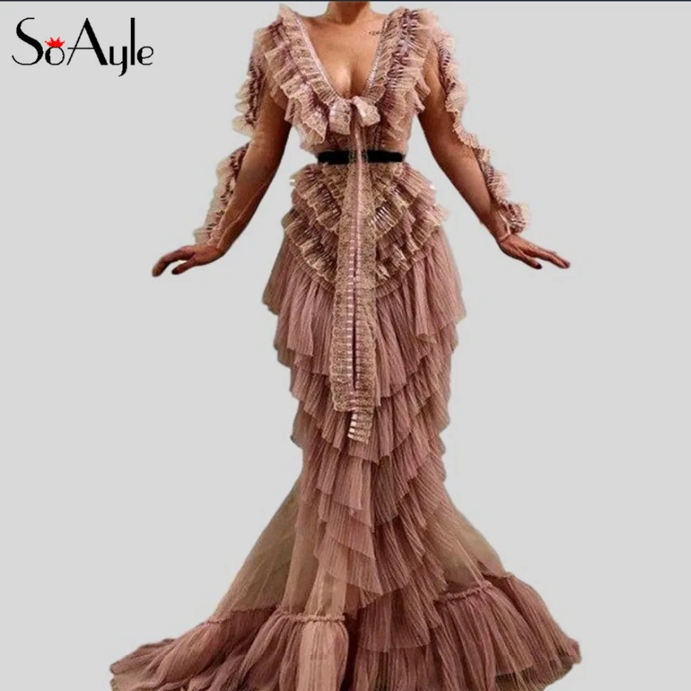 SoAyle Evening Dresses Deep V-Neck Mermaid Prom Dresses for Women Lace Long Sleeves Ruffles Tiered Robe de Soiree New Design SoAyle Evening Dresses Deep V-Neck Mermaid Prom Dresses for Women Lace Long Sleeves Ruffles Tiered Robe de Soiree New Design