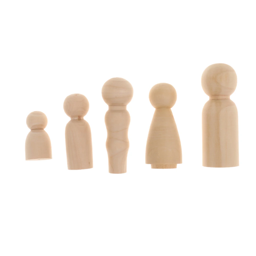 MagiDeal Family of 5pcs Wooden Dolls Accessory Set Wooden People Figures DIY Craft handmade peg dolls child's toy 