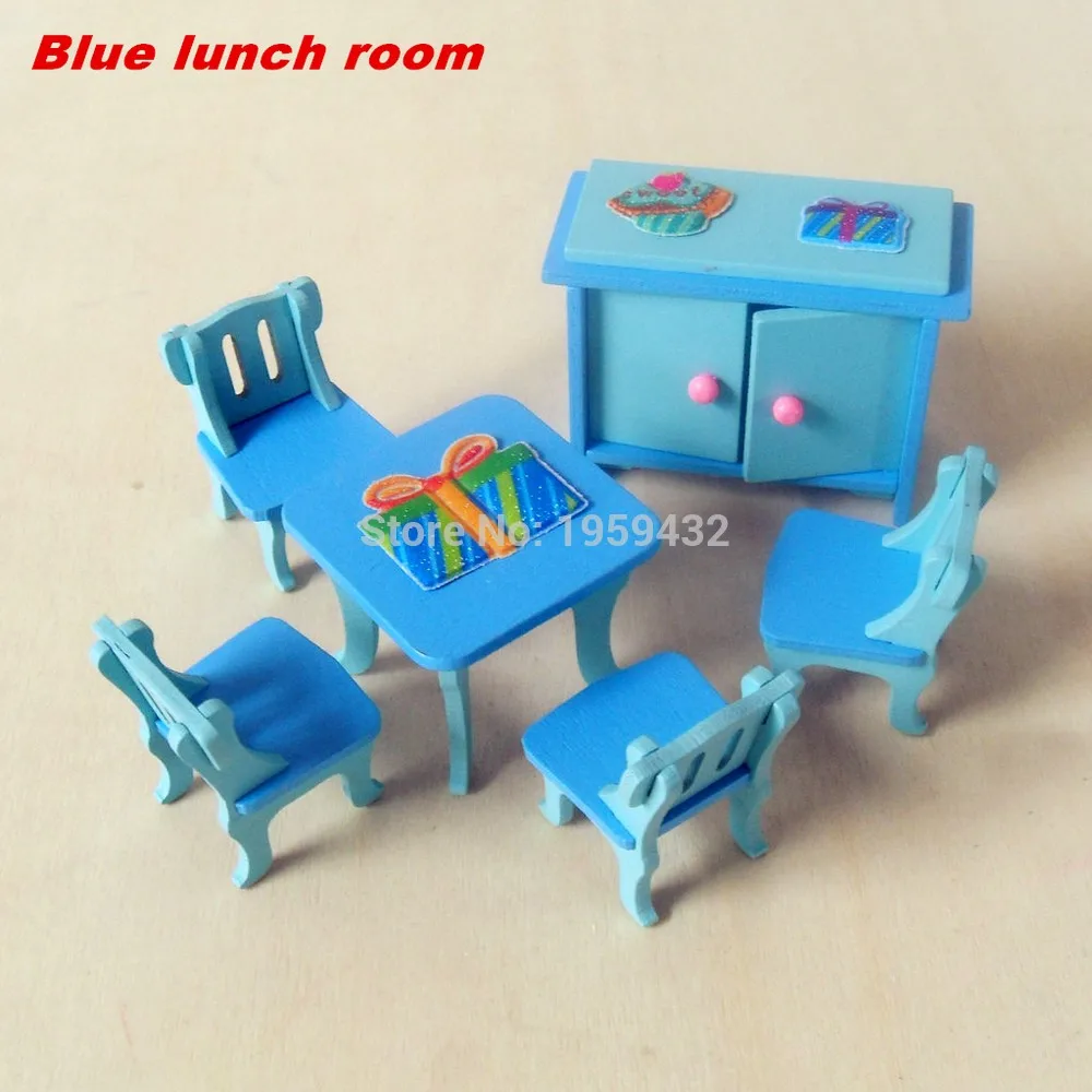 Деревянная розовая кукольная мебель для дома, Детские ролевые игры, игрушки для девочек, миниатюрные комнаты, подарки для детей, кукольный домик, миниатюрные куклы - Цвет: blue lunch room