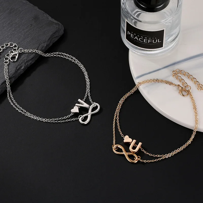 Double Thin Chains 26 Letters 8 Shaped Little Love Heart Charms Silver Plated Golden Anklets For Women Girls | Украшения и