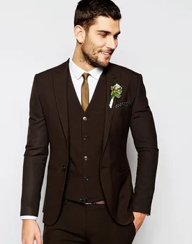 

Handsome Groomsmen Peak Lapel Blazer Groom Tuxedos Dark Brown Men Suit for Wedding Best Man Coat 2018 Skinny (Jacket+Pants+Vest)