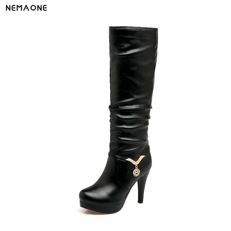 

New high Heels platform women knee high boots rouned toe ladies party dress shoes black white brown large Size 43