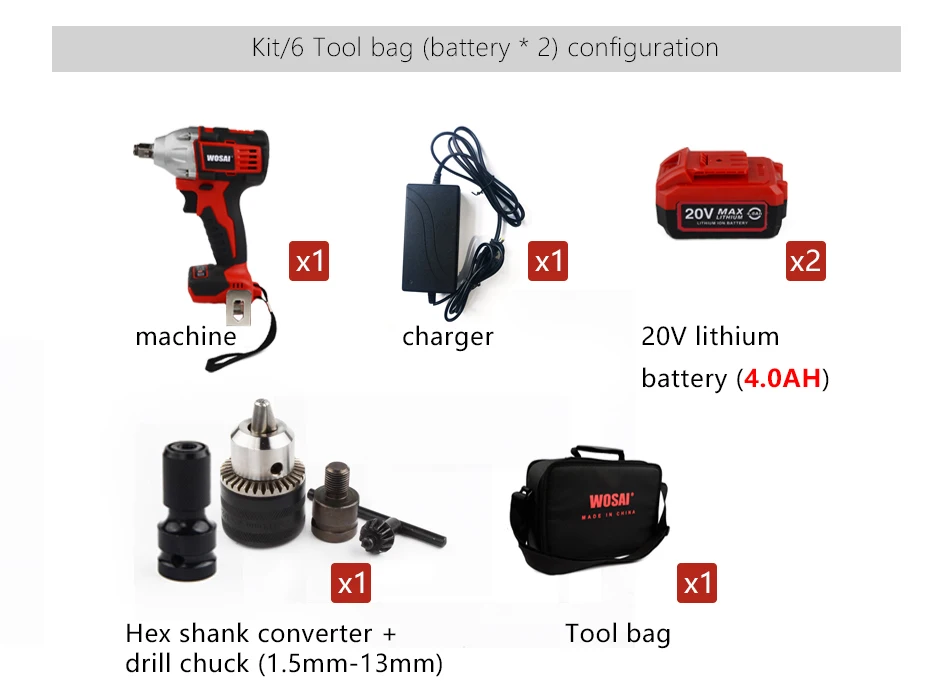 WOSAI 20 В литиевая батарея бесщеточный ударный электрический ключ максимальный крутящий момент 320N. m 4.0AH Аккумуляторный торцевой ключ электроинструменты