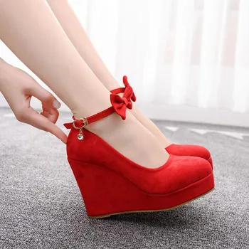 

High Heels 2019 Red Bow Shoes Women Wedge Heels Flock Leather Pumps Spring Black Wedges Wedding Party Wedges Sandals Lady Shoes