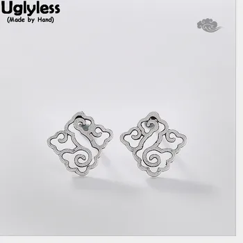

Uglyless Ethnic Abstract Cloud Stud Earrings for Women Real Solid 925 Sterling Silver Rhombus Fine Jewelry Hollow Square Studs