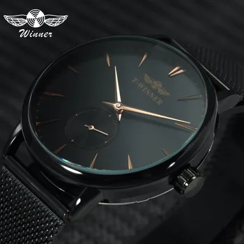 

WINNER Official Simple Casual Mechanical Watch Men Ultra Thin Mesh Strap Sub-dial Chic Mens Watches Top Brand Luxury Rose Golden