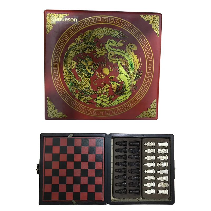 New Antique Chess Set of Chess Wooden Coffee Table Antique Miniature Chess Board Chess Piece Move Box Set Retro Style Board game