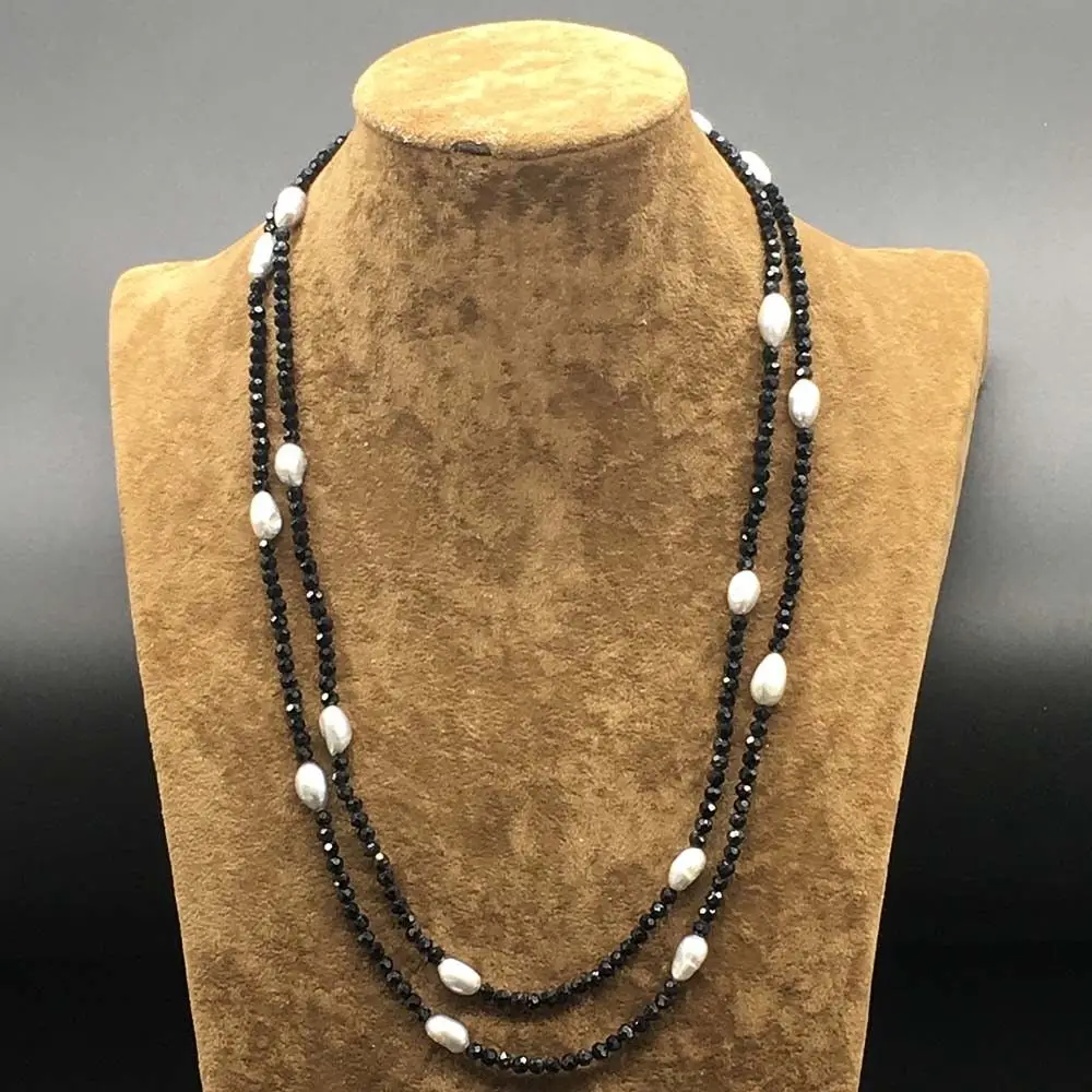 

String Black Onyx Faceted Sparking Gray Freshwater Necklace Long 50 inches