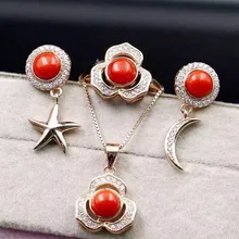 Натуральные красные коралловые драгоценные камни комплект ювелирного изделия с натуральным камнем драгоценных камней сережек с кольцами-подвесками 925 Серебряные вечерние Звезда Луна женские свадебные украшения