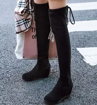 

Women Boots Over The Knee Wedge Shoes Woman Height Incleasing Lace Up Warm Booties Sapato Feminino Zapatos De Mujer SK181212