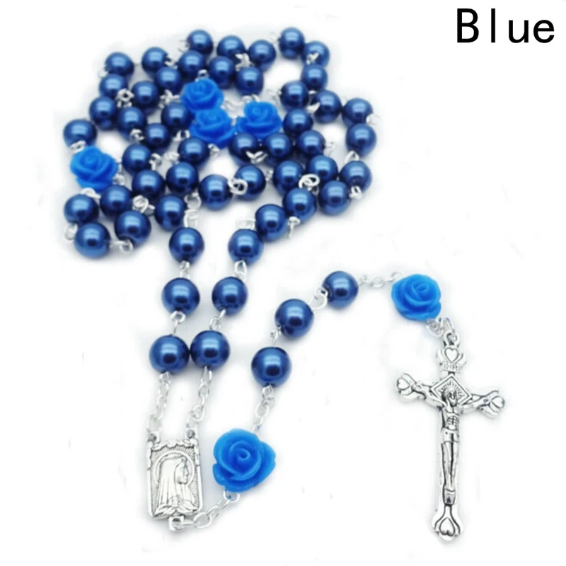 Glass Imitation Pearl Bead Holy Rosaries Necklace With Rose Flower