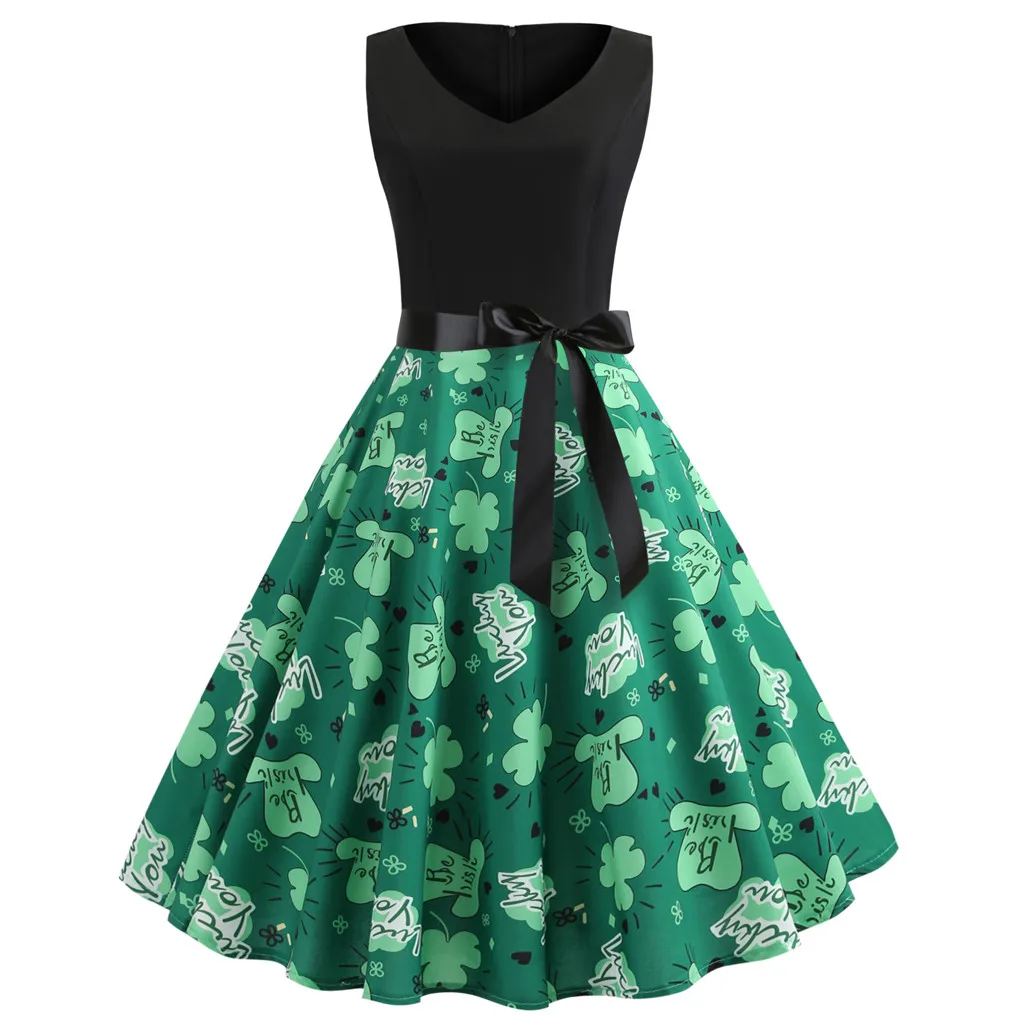 

Women's Dress Clover Sleeveless Evening Print Party Prom Swing Dress