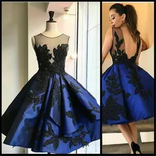 Neue Art Und Weise Royal Blau Appliques Schwarz Spitze Kurze Heimkehr Kleider 2016 Sexy Durchsichtig Backless Kurze Cocktail-abschlussball-kleider