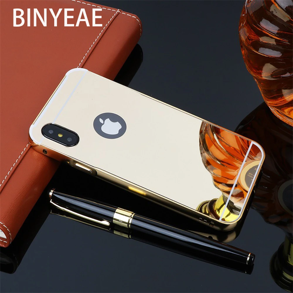 For iphone X Luxury Plating Metal Aluminum Frame+Mirror PC Back Case iPhone4 5 SE 6 7 8 plus Cases Armor Phone Cover Coque |