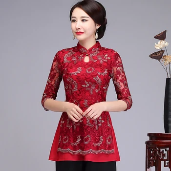 

Female Chinese Style Embroidery Flower Tops Summer New Red Spring Lace One Button Shirt Elegant Mandarin Collar Blouse M-4XL