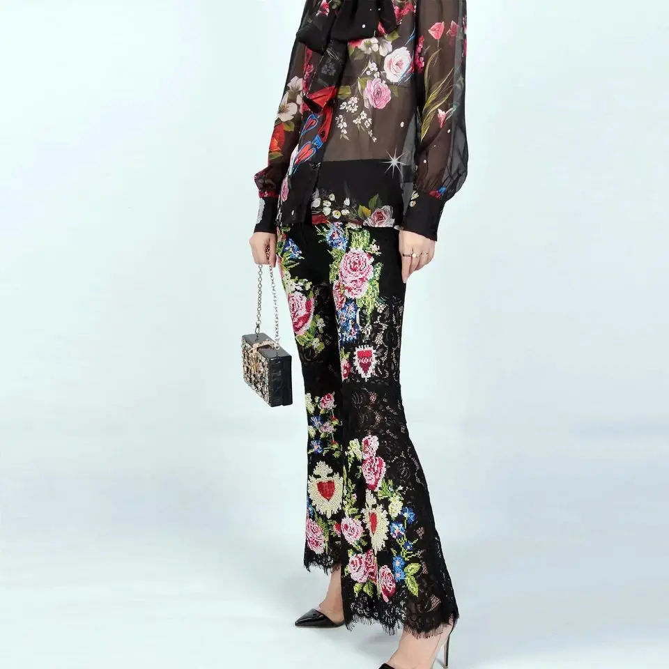 

New Summer 2019 Cross-stitch Embroidered Lace Trousers Female Flare Shape