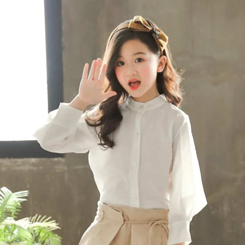 Primavera Autunno 5-16Y Cotone Grande Delle Ragazze della Camicetta Bianco/Khaki Vestiti del Bambino A Manica Lunga Della Ragazza Della Scuola Scherza la Camicia Adolescente Magliette e camicette CA1631