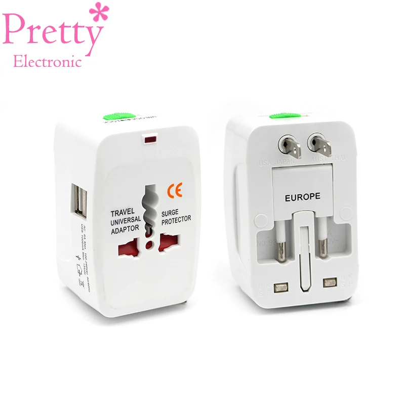 UK AUS to USA Travel Adapter Converter Two USB Port Universal Worldwide All in One Wall Adapter Converter Plug Surge Protector International Travel Power Adapter AC Power Europe EU