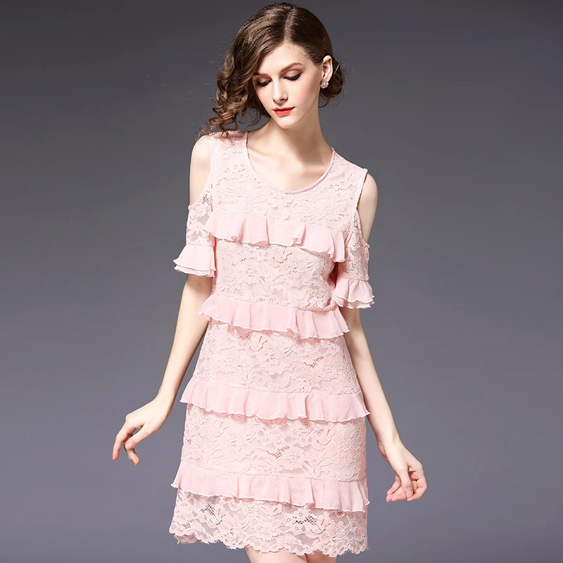 New Style Women Cold Shoulder Dress Evening Party Lace Patchwork