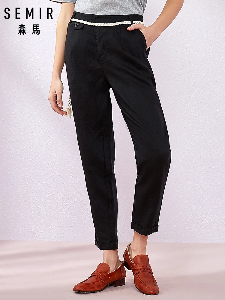 

SEMIR Casual pants women 2019 summer new linen harem pants metal belt black small cone nine pants