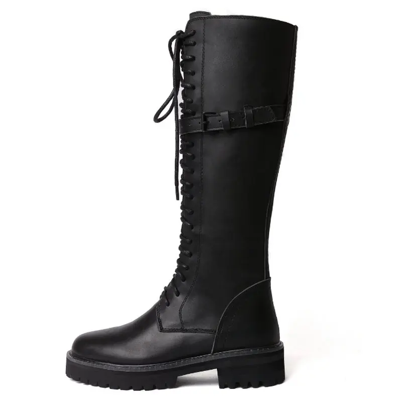 

Punk Goth Cosplay Dr Martens Woman Boots Luxury Genuine Leather Knee High Boots Women Buckle Straps Cross-tied High Boots Black